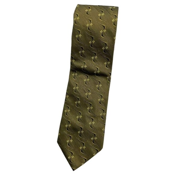 RENÉ LEZARD Men's 100% Silk Necktie LUXURY Tie Green Geometric W:3.5" EUC - Picture 1 of 5